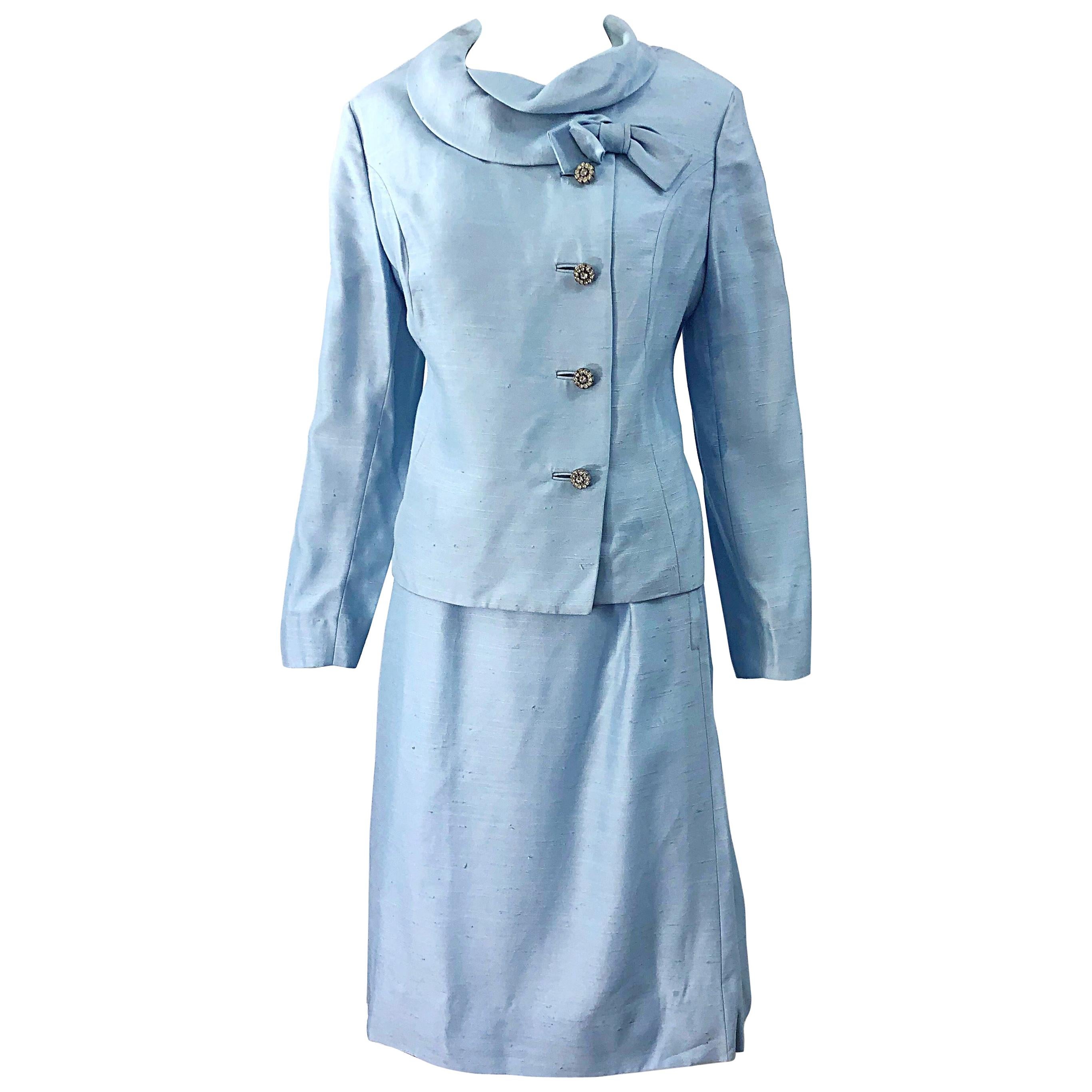 Deadstock 1960s Alvin Handmacher Light Blue Rhinestone Vintage 60s Skirt Suit