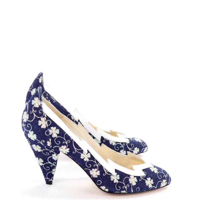 Deadstock Carlo Fiori Navy Blue and White Embroidered Shoes Unworn Size ...