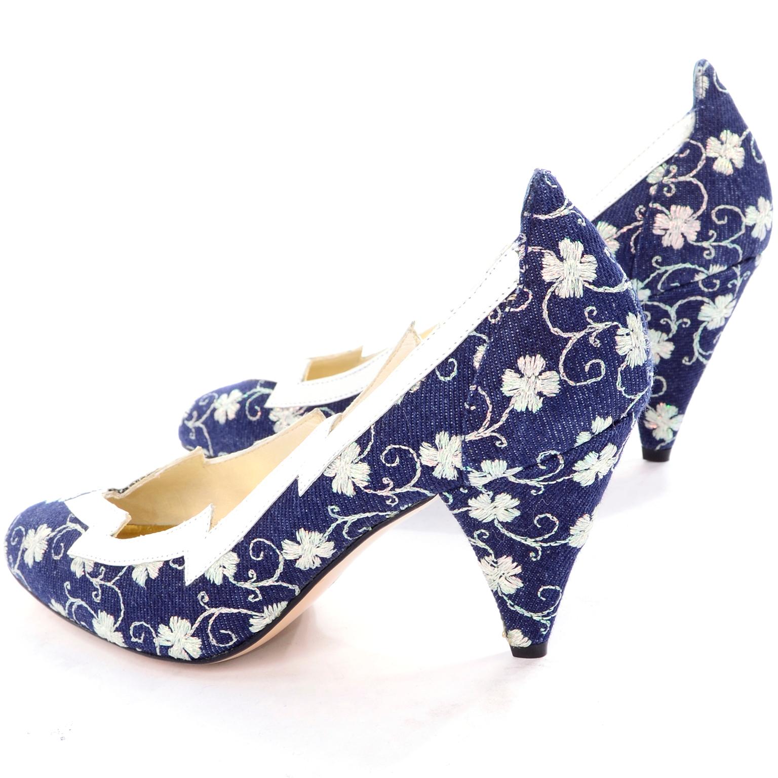  Carlo Fiori - Chaussures brodées bleu marine et blanc, en stock, non portées, taille 7B Pour femmes 