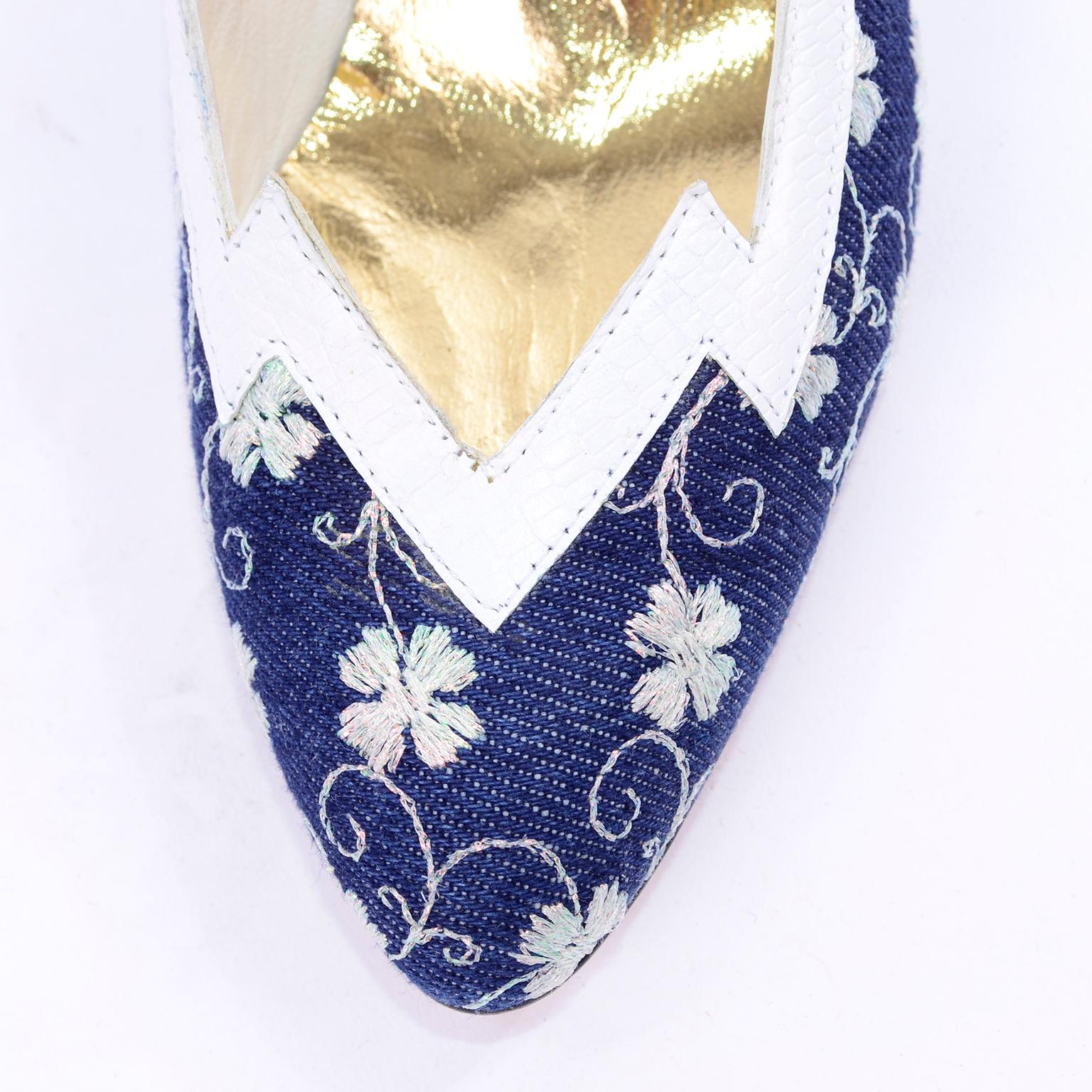 Deadstock Carlo Fiori Navy Blue & White Embroidered Shoes Unworn Size 7B In New Condition In Portland, OR