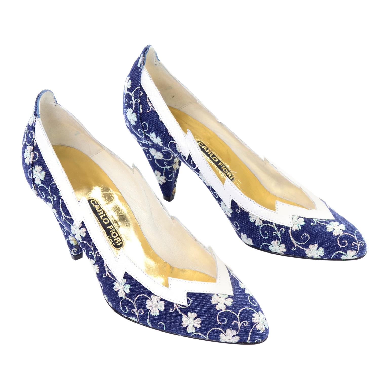 Deadstock Carlo Fiori Navy Blue & White Embroidered Shoes Unworn Size 7B