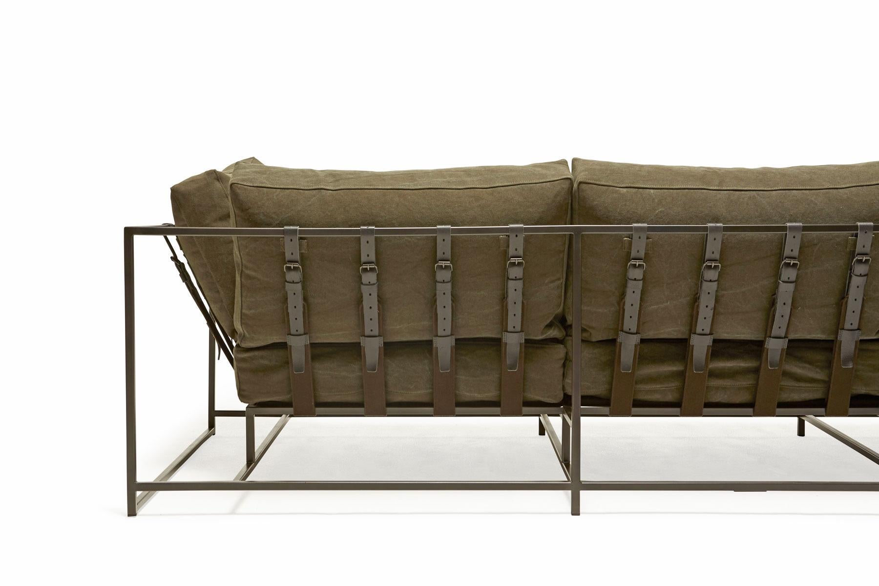 Modern Dark Olive Heavy Canvas and Blackened Steel Sofa For Sale