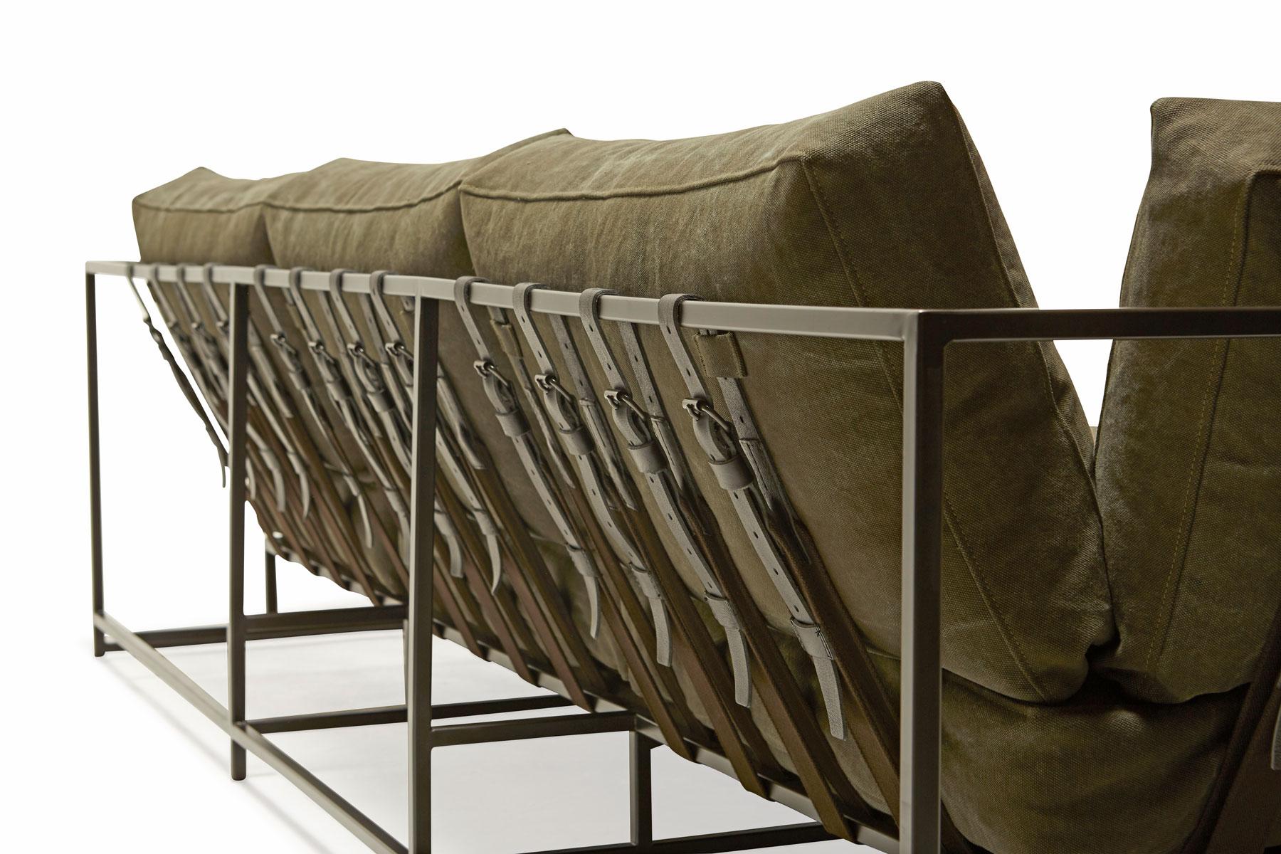 American Dark Olive Heavy Canvas and Blackened Steel Sofa For Sale