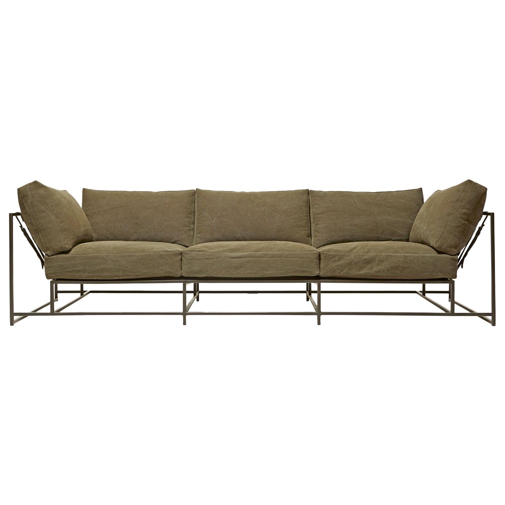 Dark Olive Heavy Canvas and Blackened Steel Sofa For Sale