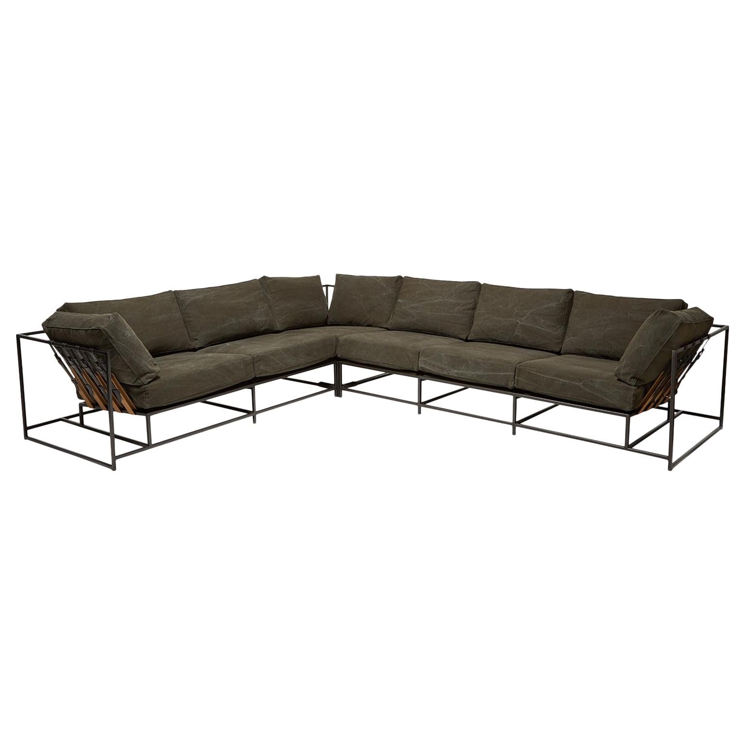 Dark Olive Heavy Canvas and Blackened Steel Large Sectional For Sale