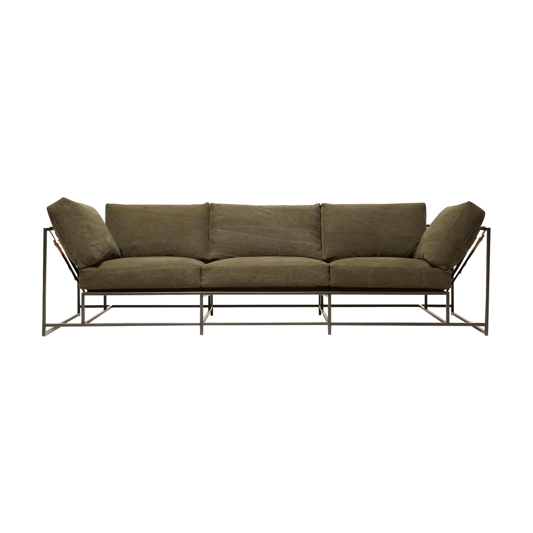 Dark Olive Heavy Canvas and Blackened Steel Sofa with Natural Leather Belts For Sale