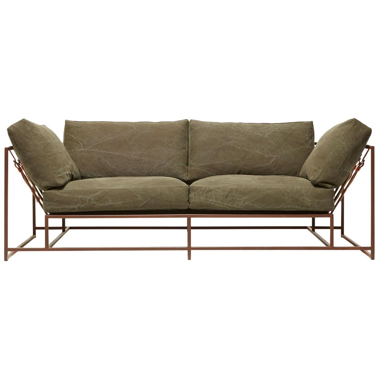 Dark Olive Heavy Canvas and Marbled Rust Two-Seat Sofa