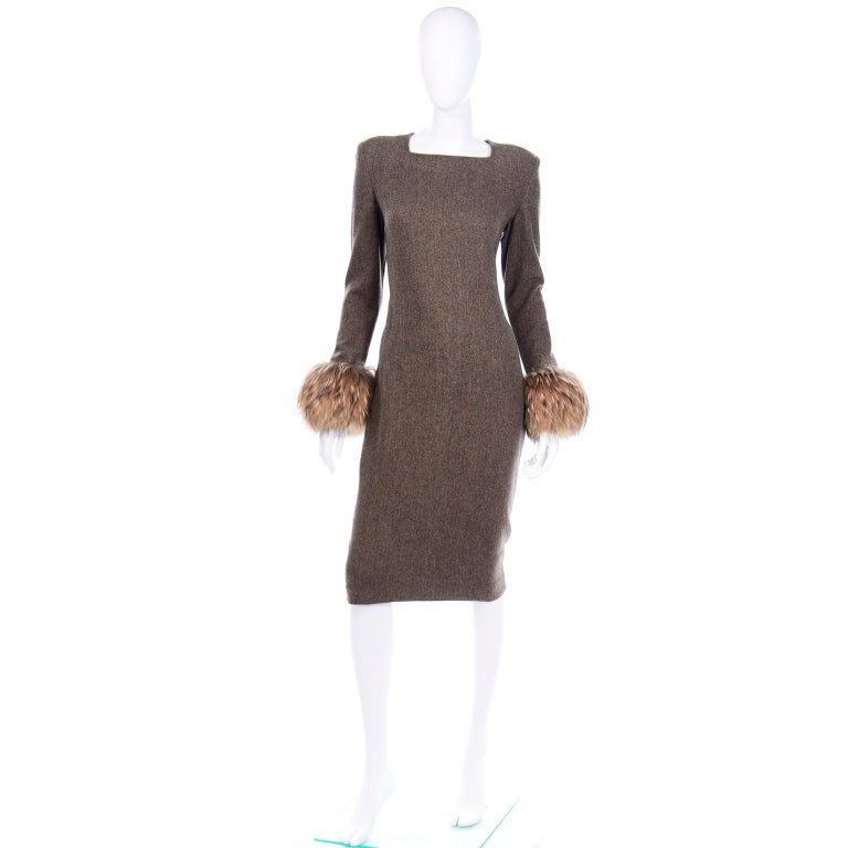 Deadstock Gai Mattiolo Vintage Brown Wool Tweed Dress and Wrap With Fur ...