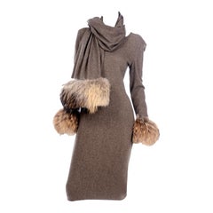 Deadstock Gai Mattiolo Vintage Brown Wool Tweed Dress and Wrap With Fur Trim