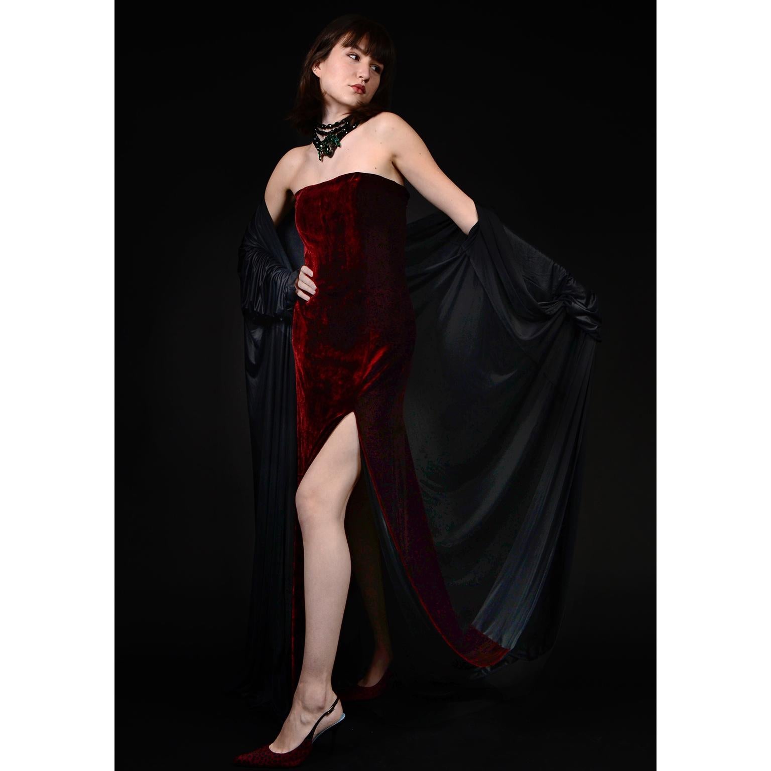 Deadstock Jean Paul Gaultier Red Velvet Evening Dress w Attached Black Coat In New Condition In Portland, OR