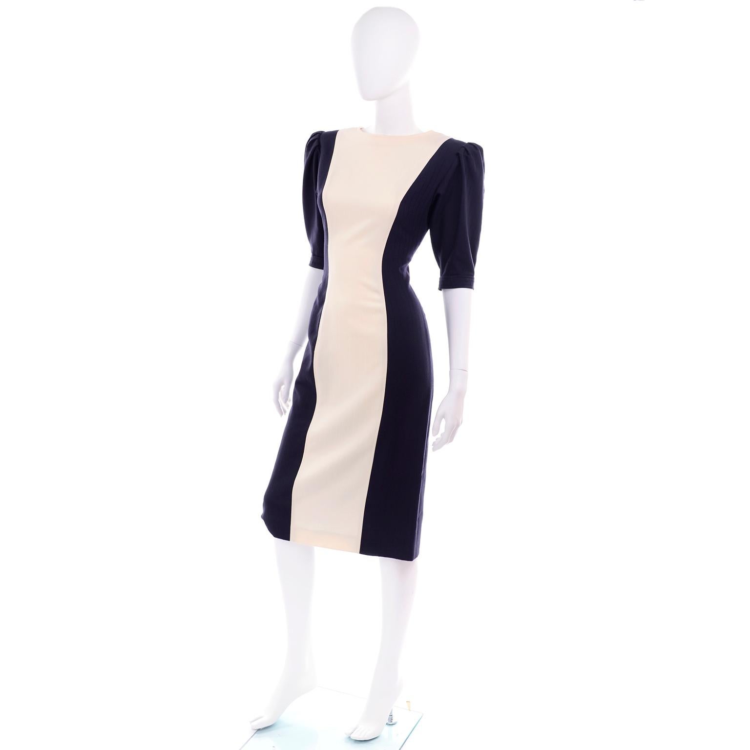 Deadstock New Emanuel Ungaro Vintage Navy Blue and Cream Sheath Dress Size 10 In New Condition In Portland, OR