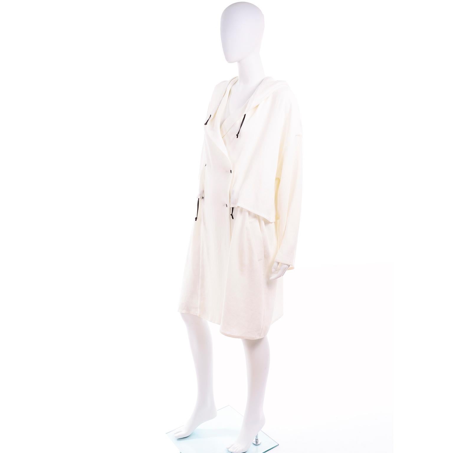 Gray Deadstock New White Linen Dusan Coat Drawstring Jacket with Hood New With Tags