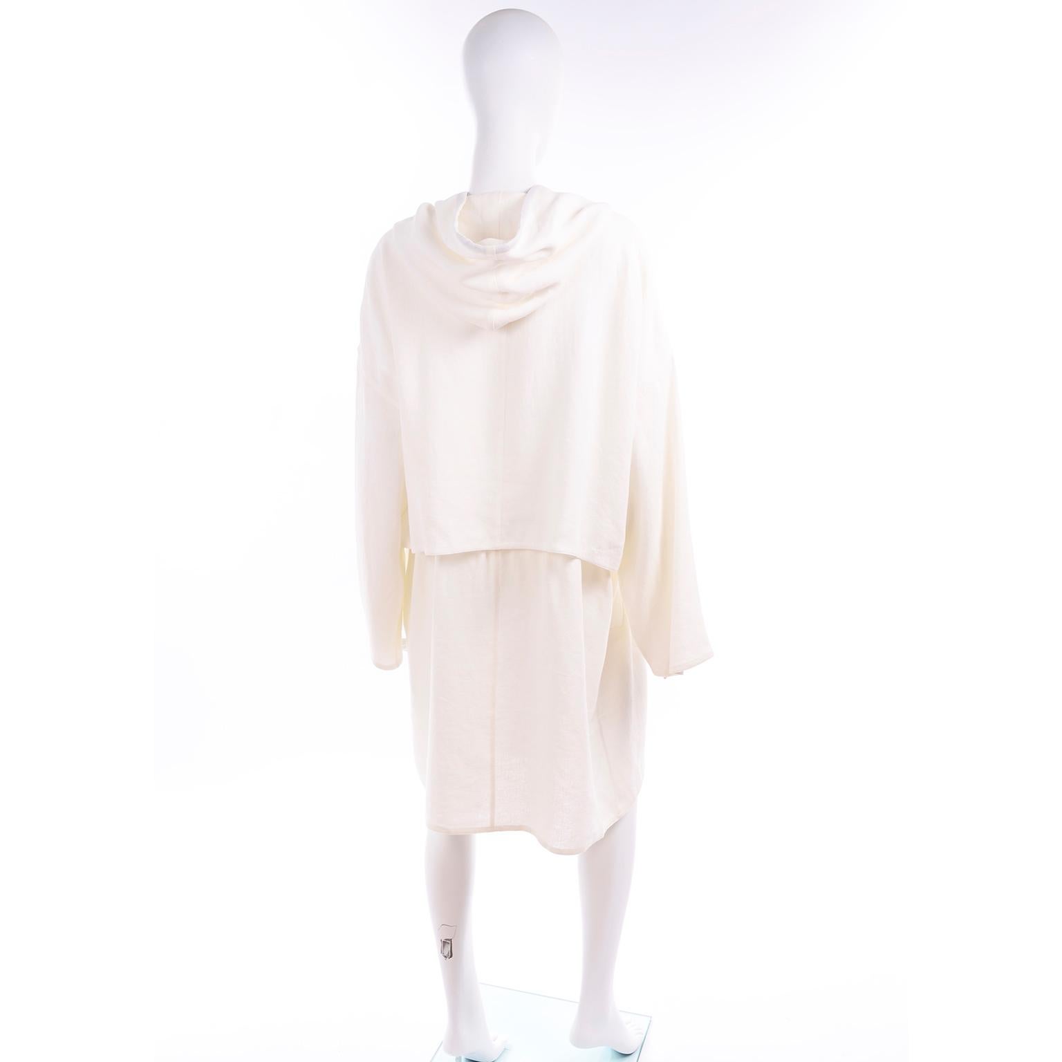 Women's Deadstock New White Linen Dusan Coat Drawstring Jacket with Hood New With Tags