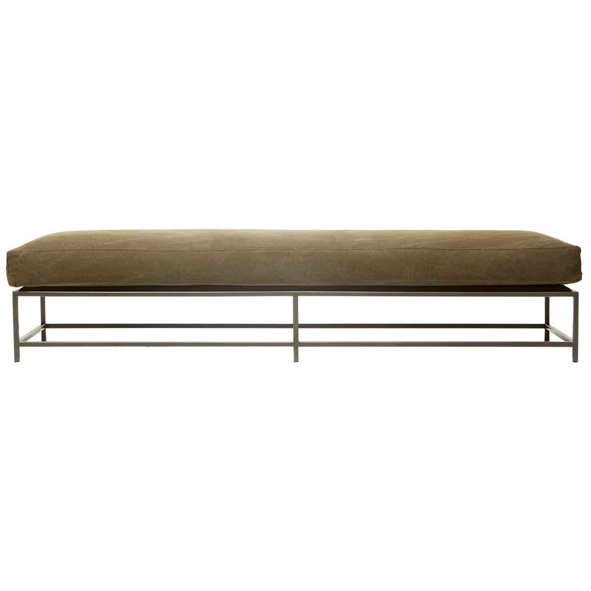 Dark Olive Heavy Canvas and Blackened Steel Extra Large Bench For Sale