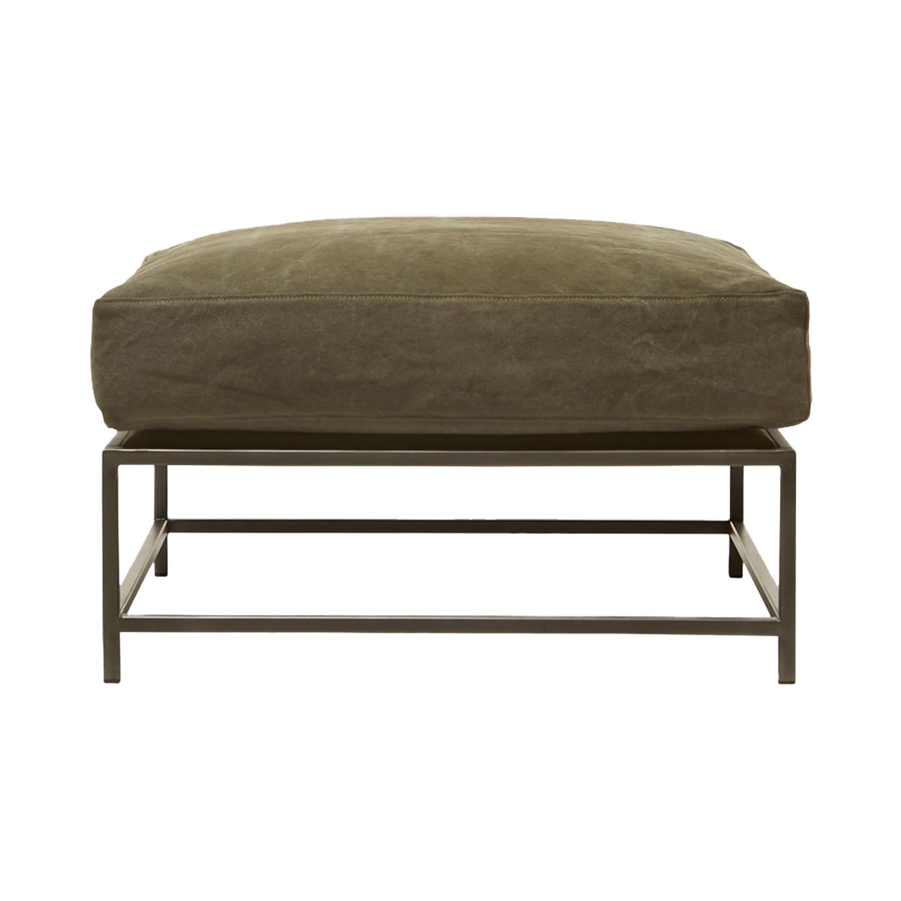 Dark Olive Heavy Canvas and Blackened Steel Ottoman For Sale