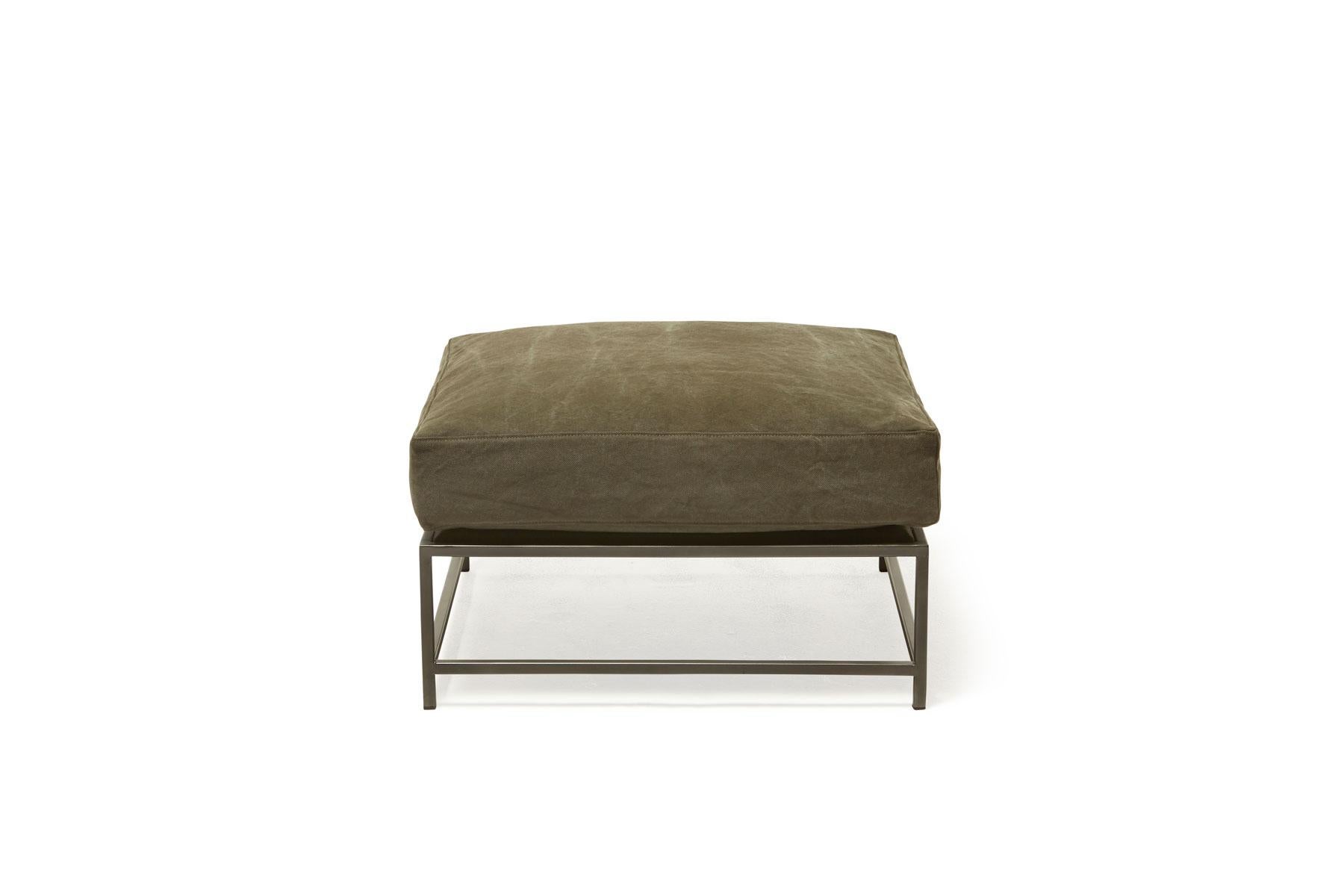 Modern Dark Olive Heavy Canvas and Blackened Steel Ottoman For Sale