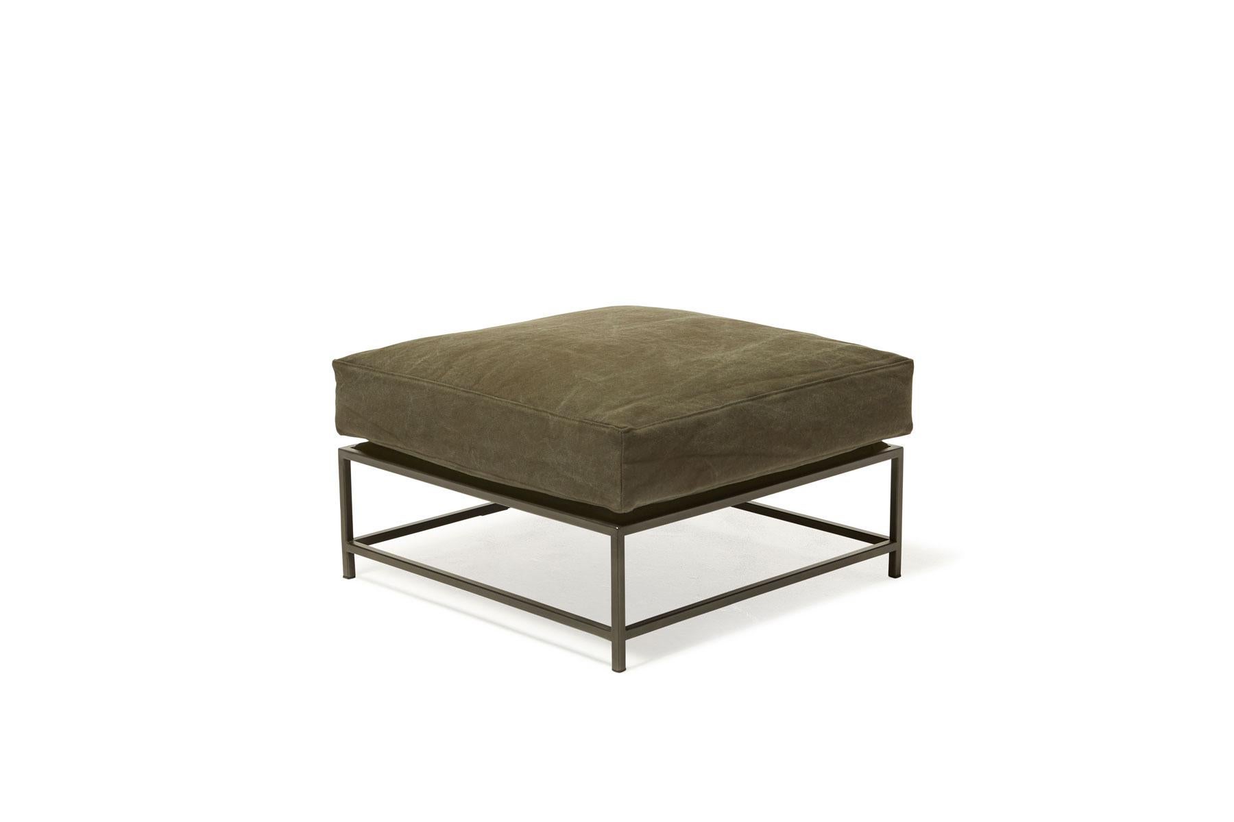 American Dark Olive Heavy Canvas and Blackened Steel Ottoman For Sale