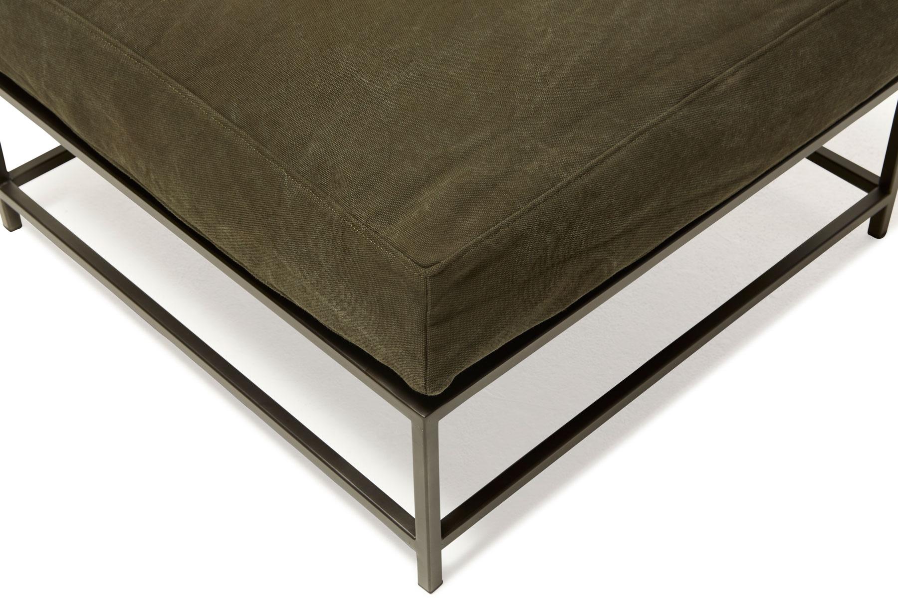 Metalwork Dark Olive Heavy Canvas and Blackened Steel Ottoman For Sale