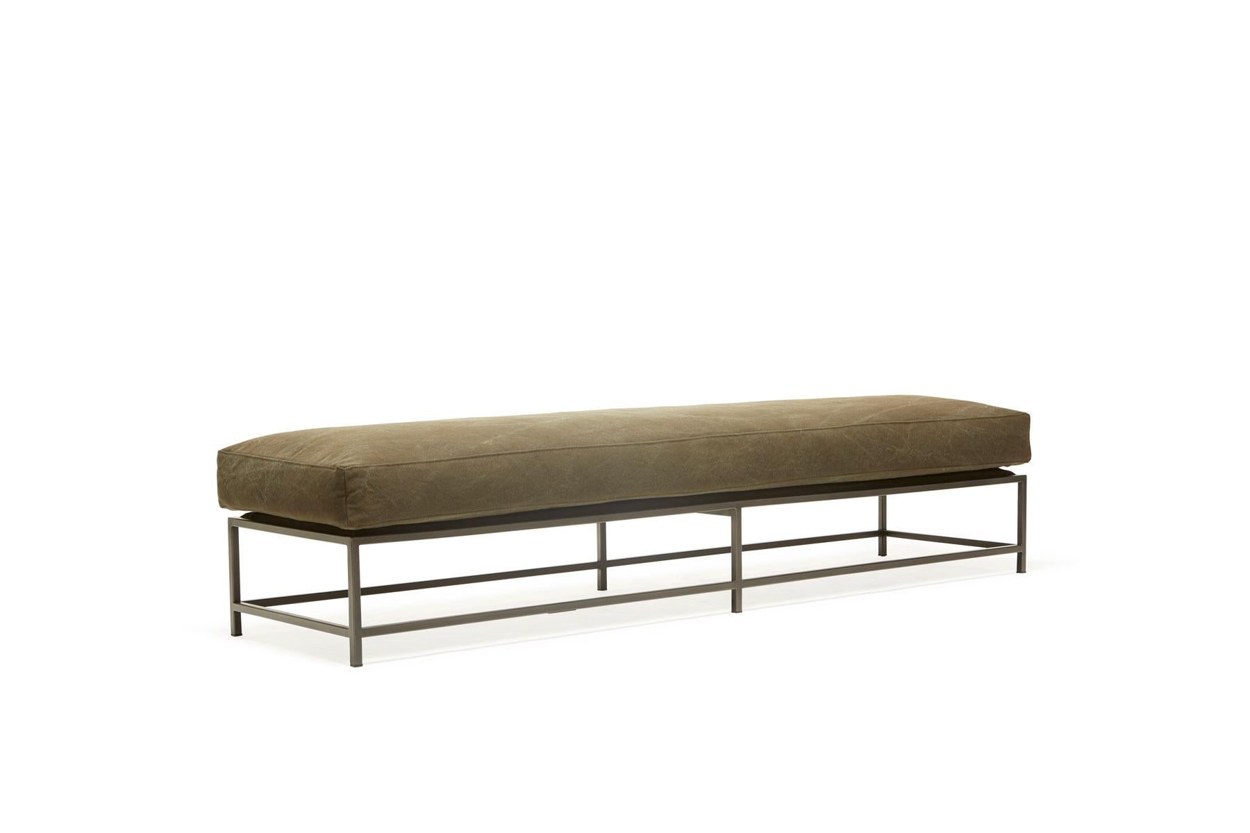 The Inheritance Bench can be used as a chaise extension on the sofa or two-seat sofa, as an independent seating option, or as a large upholstered coffee table in front of a sofa or chair. This version has a blackened steel frame finish and is