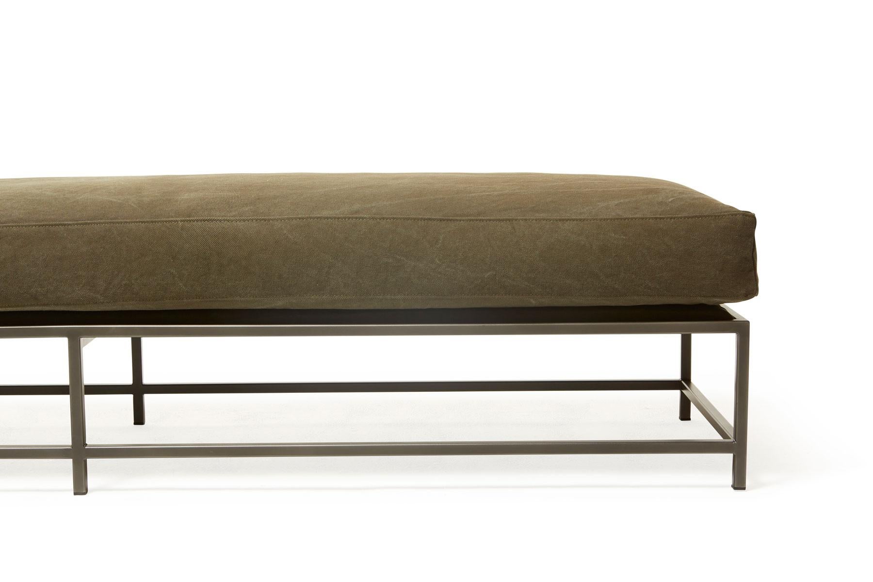 American Dark Olive Heavy Canvas and Blackened Steel Extra Large Bench For Sale
