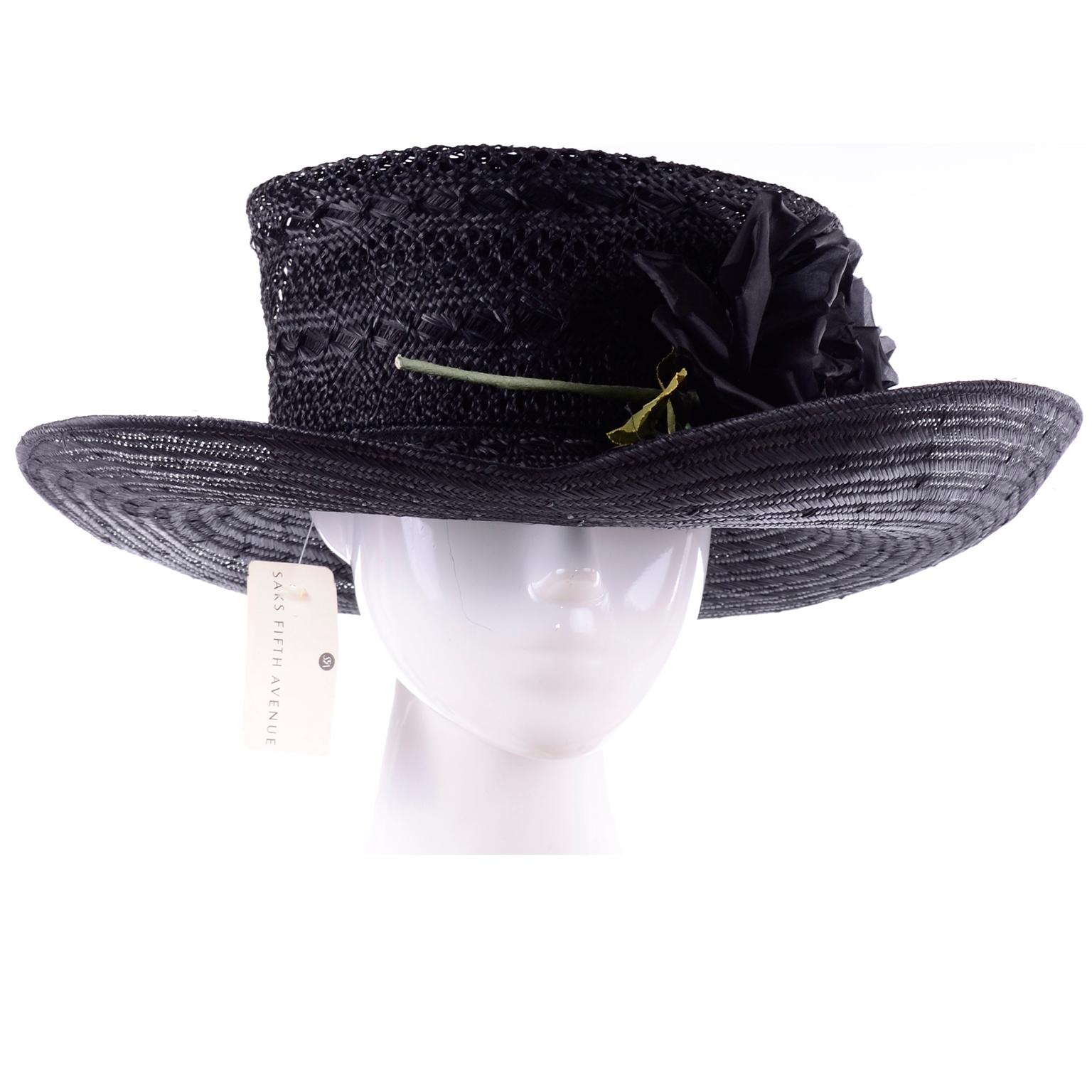 Deadstock Saks Fifth Avenue Vintage Black Straw Upturned Brim Hat New With Tags In New Condition In Portland, OR