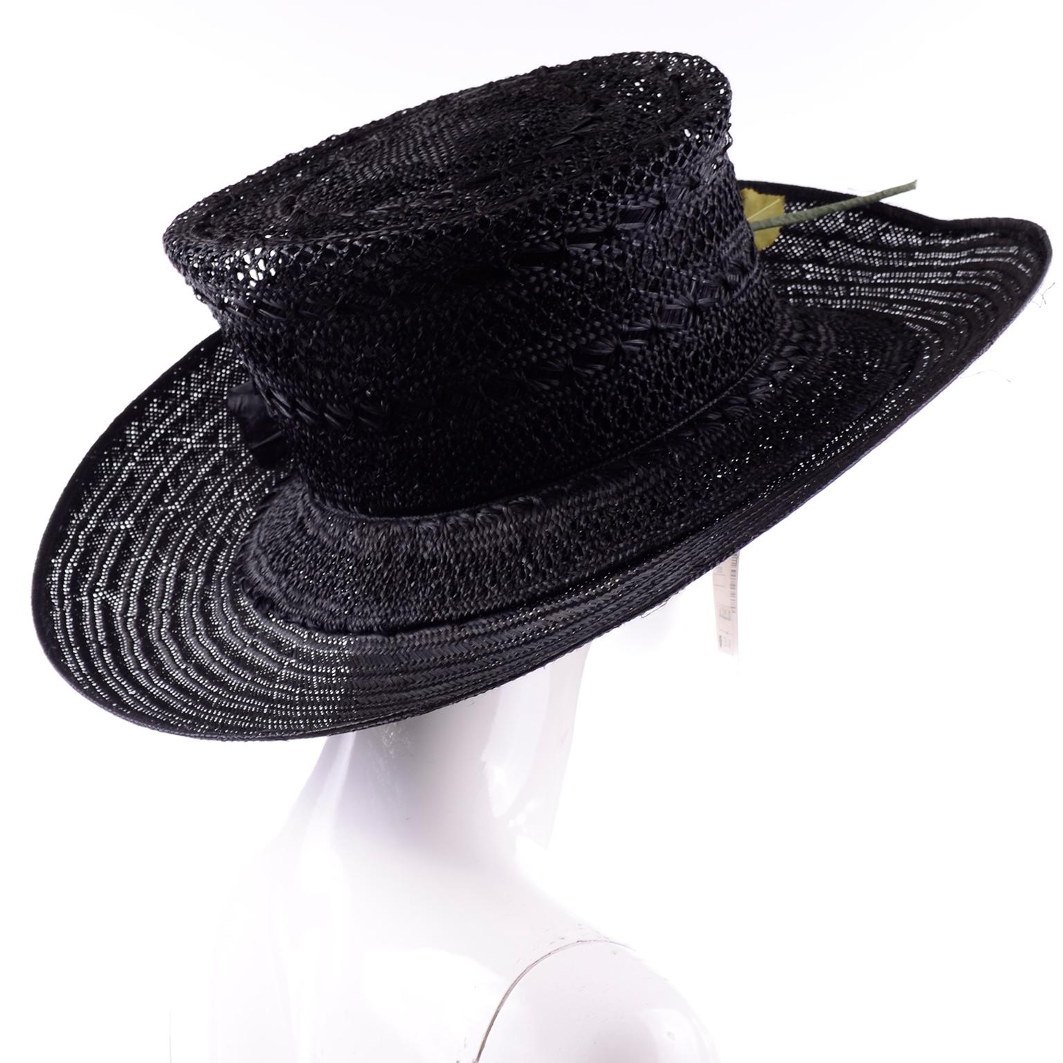 Women's Deadstock Saks Fifth Avenue Vintage Black Straw Upturned Brim Hat New With Tags