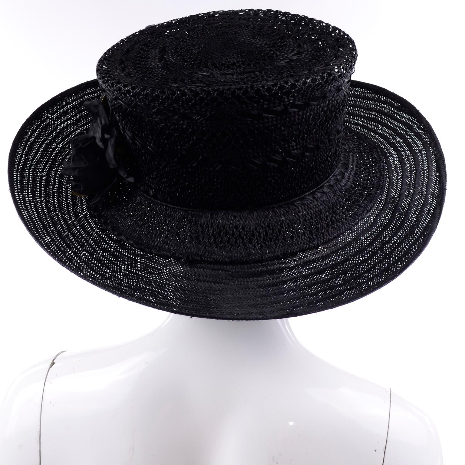 Deadstock Saks Fifth Avenue Vintage Black Straw Upturned Brim Hat New With Tags 1