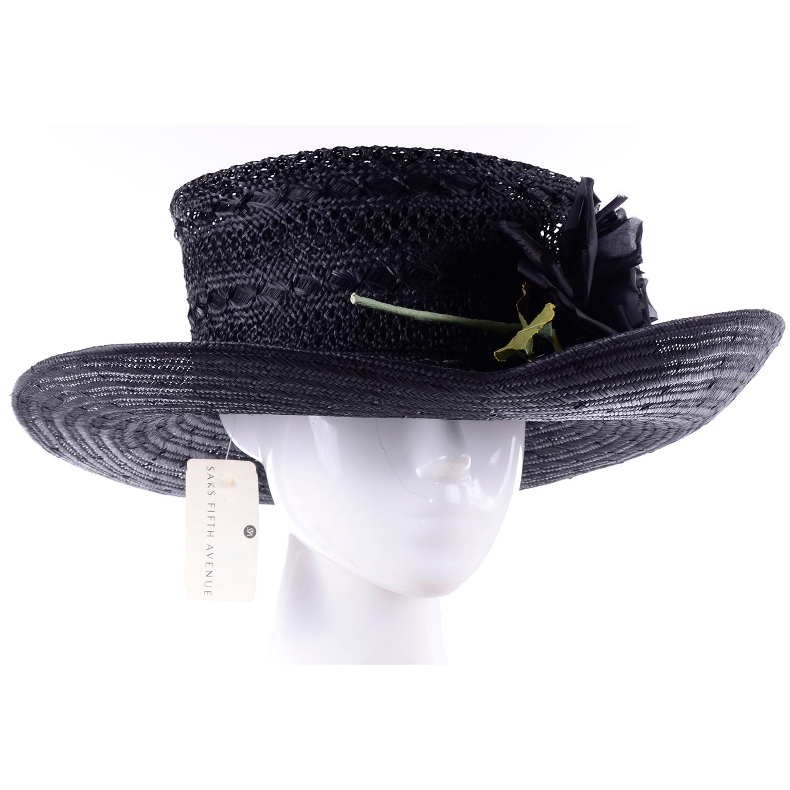Deadstock Saks Fifth Avenue Vintage Black Straw Upturned Brim Hat New With Tags 2