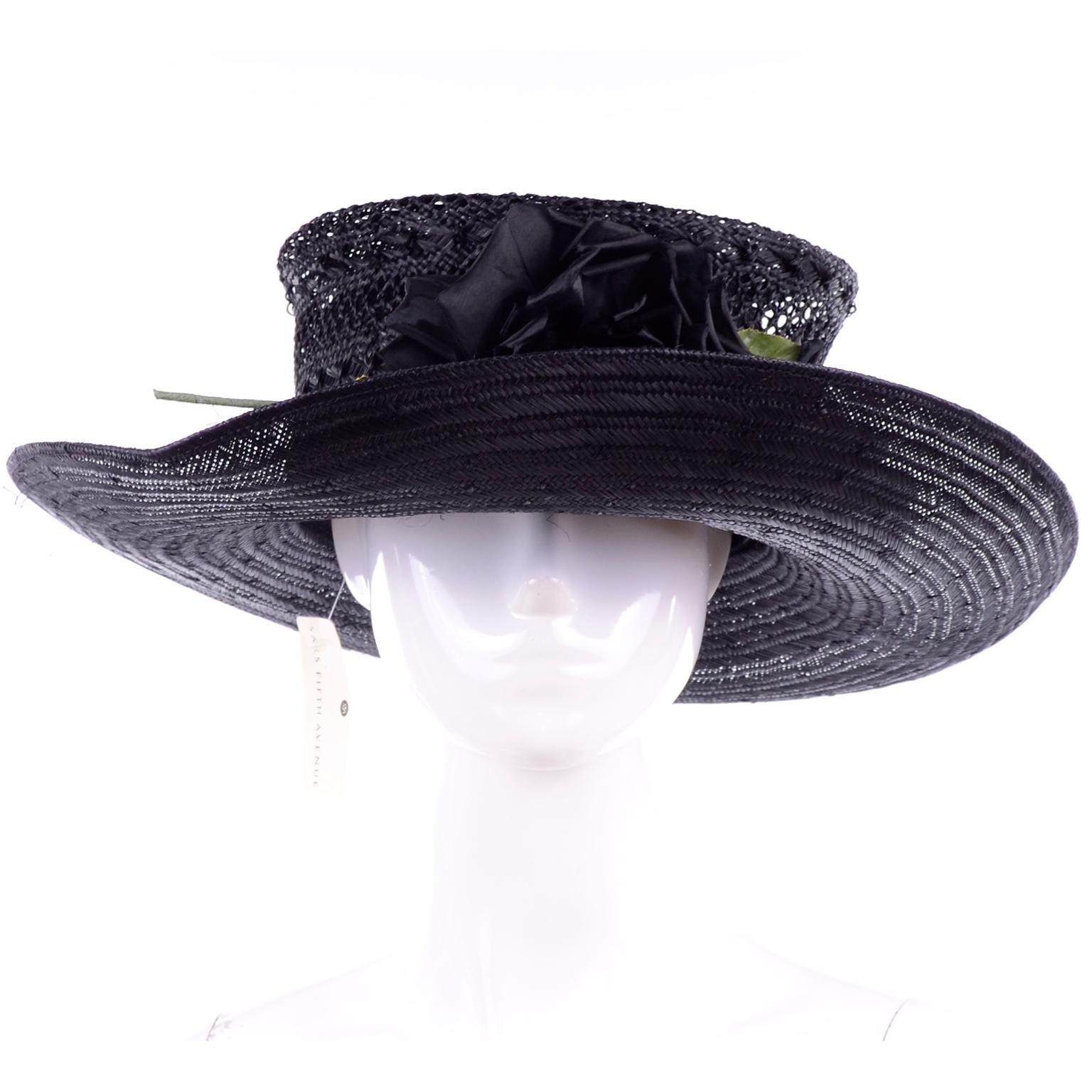 Deadstock Saks Fifth Avenue Vintage Black Straw Upturned Brim Hat New With Tags 3