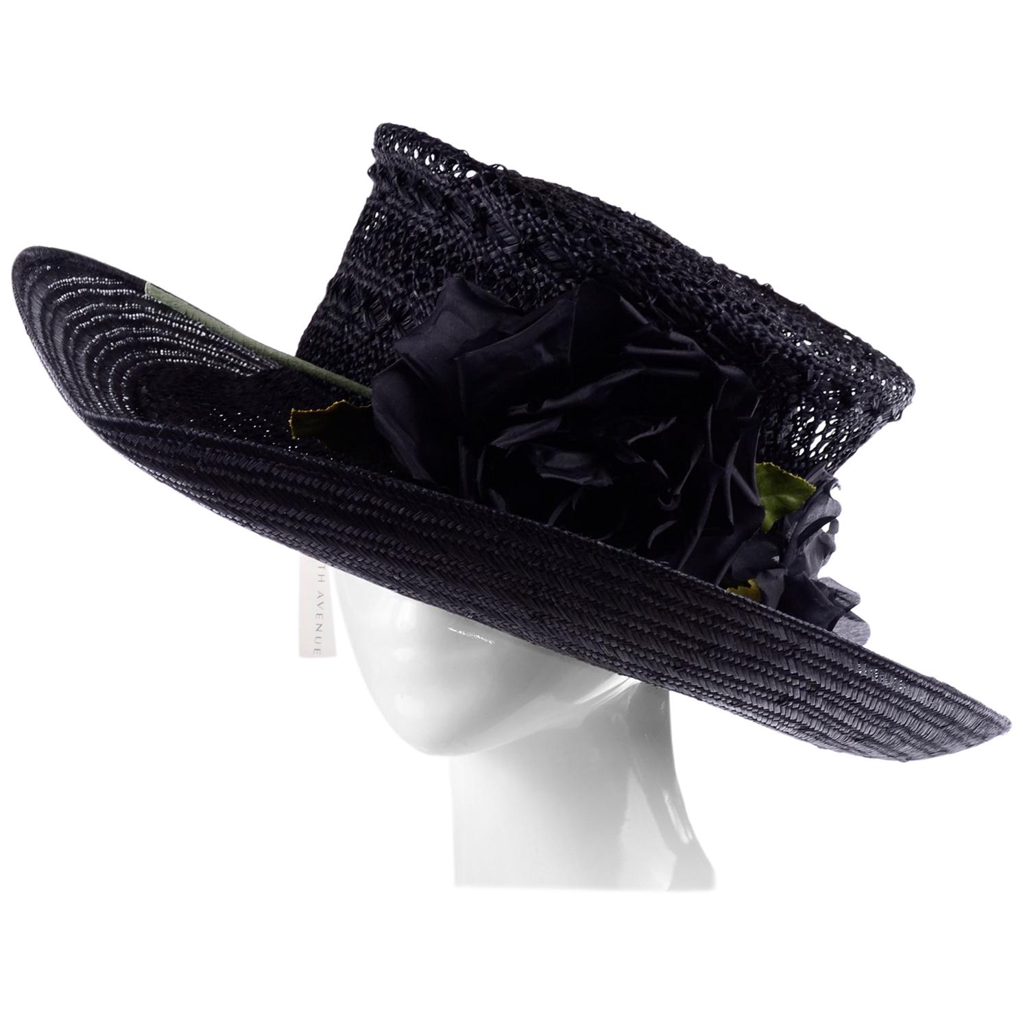 Deadstock Saks Fifth Avenue Vintage Black Straw Upturned Brim Hat New With Tags