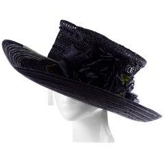 Deadstock Saks Fifth Avenue Vintage Noir Straw Upturned Brim Hat New With Tags