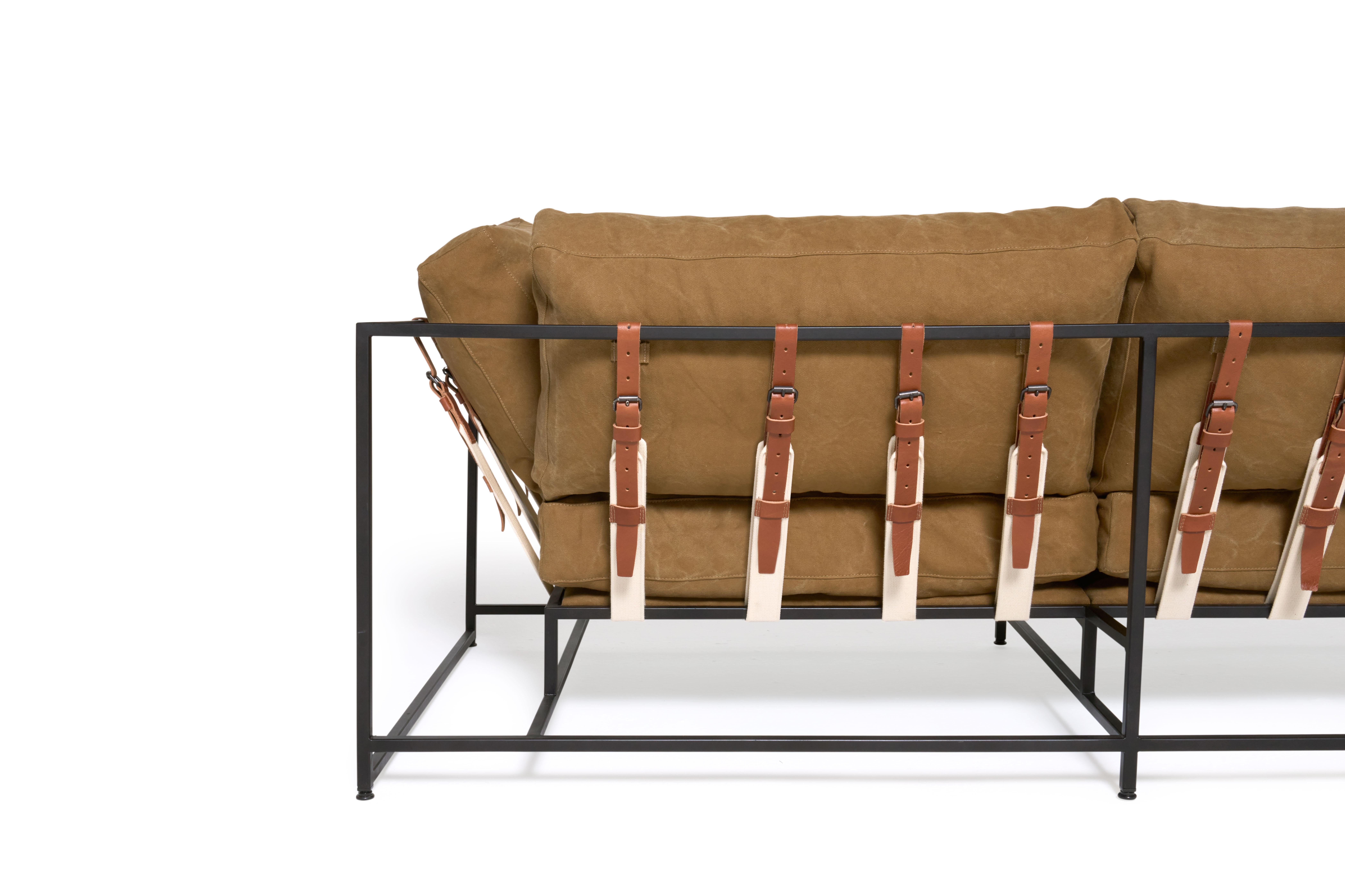Modern Deadstock Tan Canvas and Blackened Steel Two-Seat Sofa For Sale