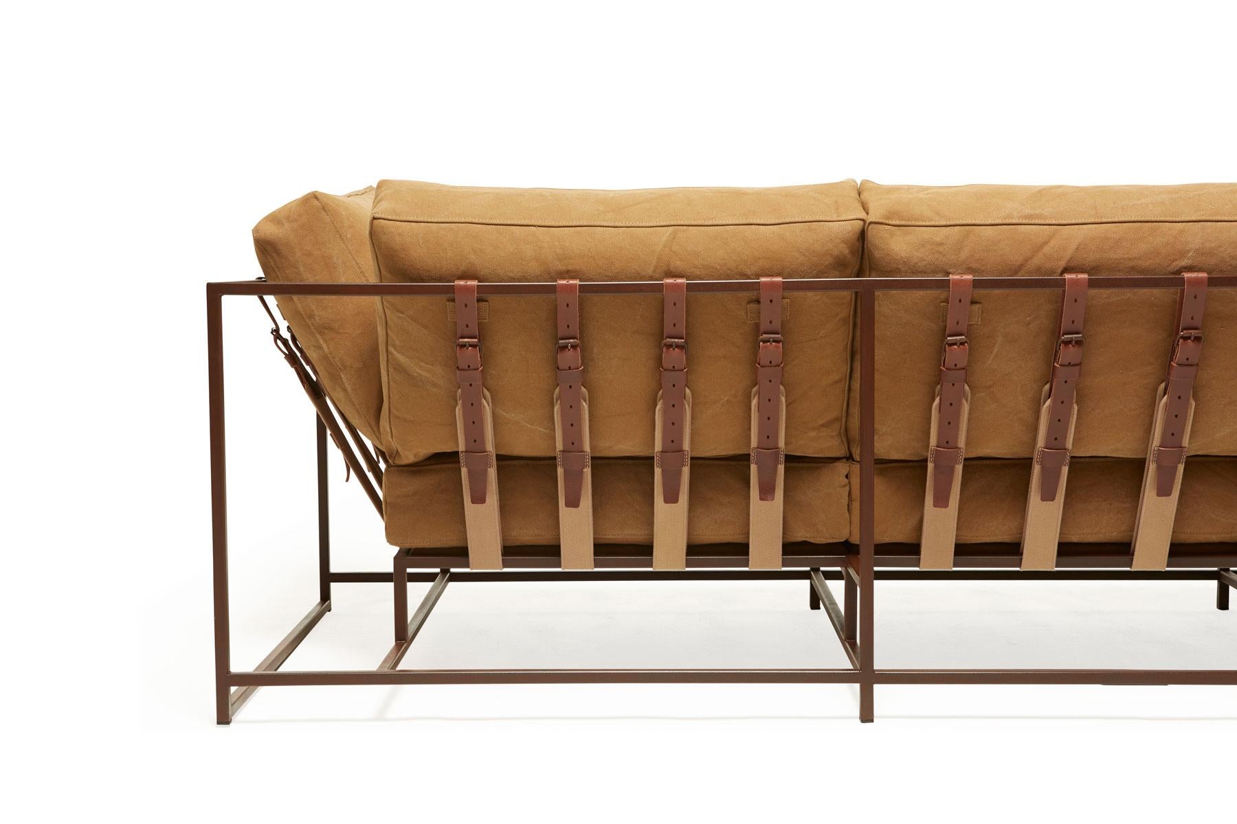 Modern Desert Tan Heavy Canvas and Marbled Rust Sofa For Sale