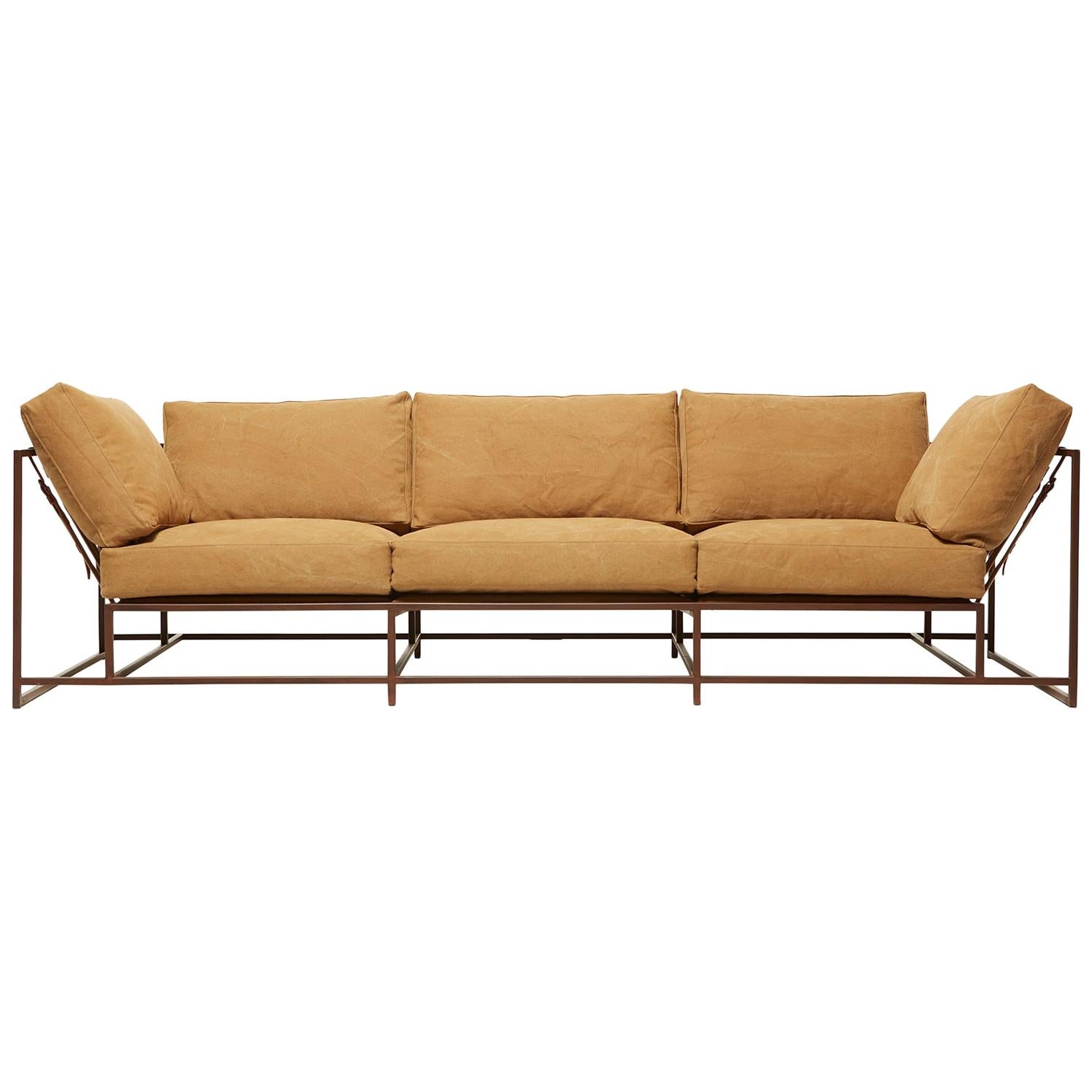Desert Tan Heavy Canvas and Marbled Rust Sofa