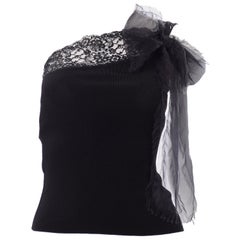 Deadstock Valentino Black Knit & Lace One Shoulder Top w Sash & Original Tags