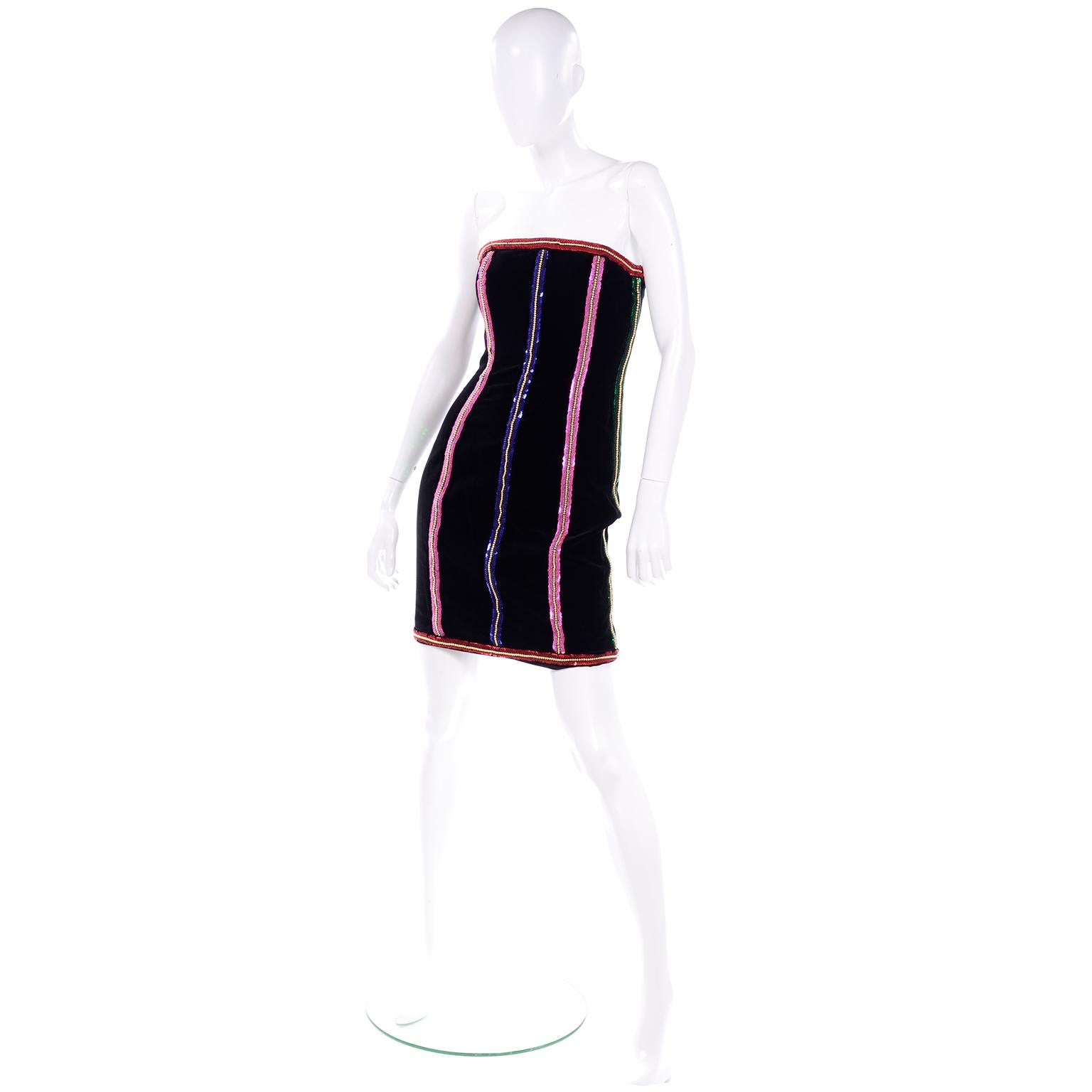 Deadstock Vintage 80s Escada Black Velvet Strapless Beaded Dress & Jacket W Tags 2