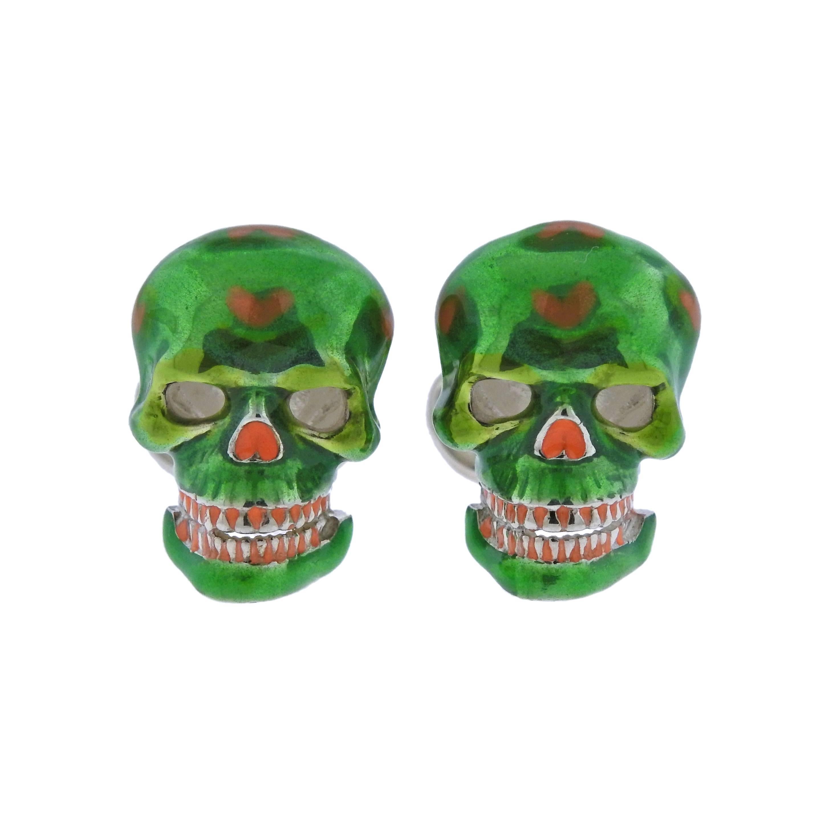 Deakin & Francis Mexican Skull Green Enamel Cufflinks