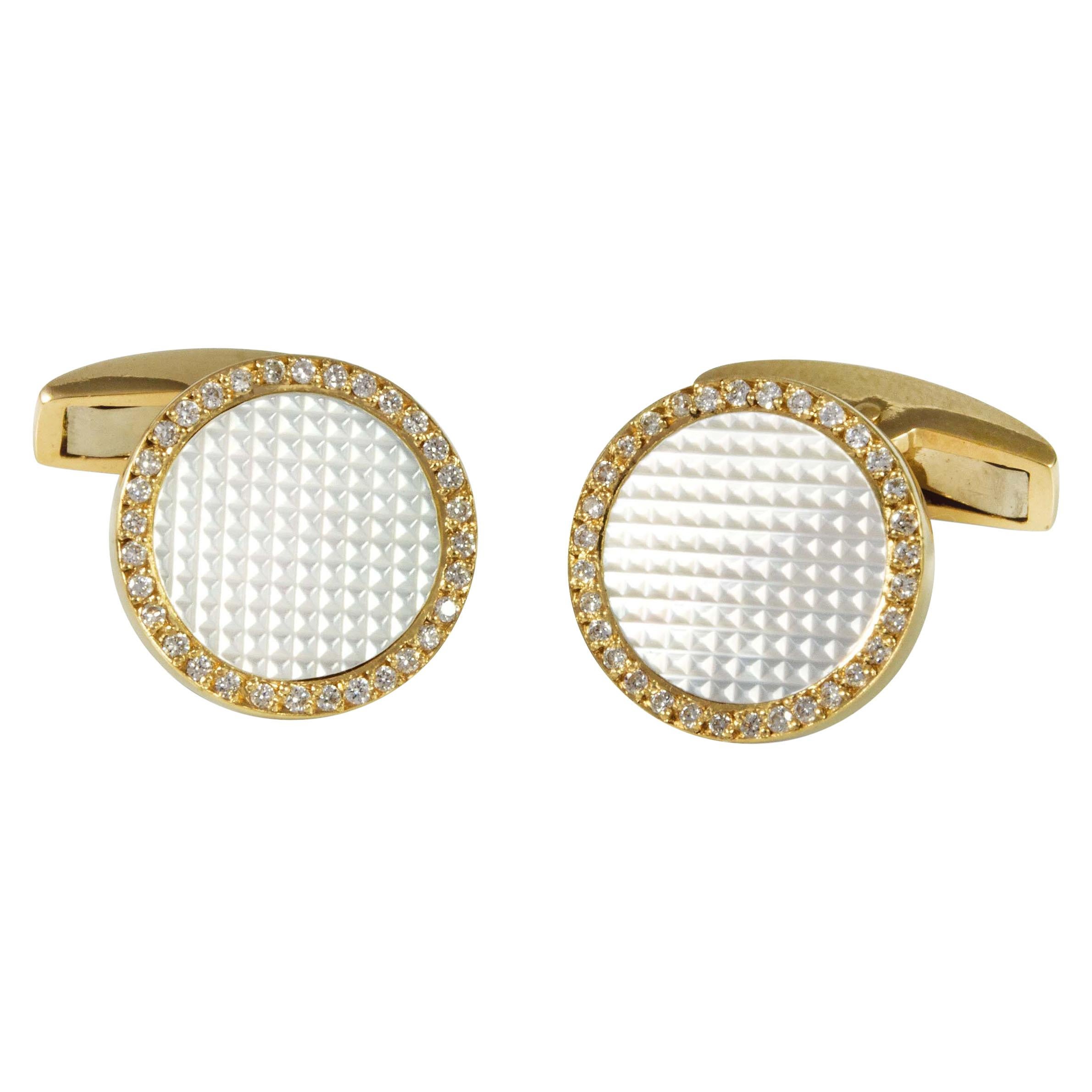 Deakin & Francis 18 Carat Gold Round Hobnail Patterned Cufflinks with Diamonds For Sale