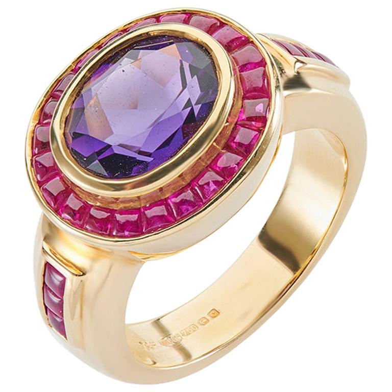 Deakin & Francis 18 Carat Yellow Gold Amethyst Ring with Ruby Border