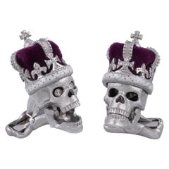 Deakin & Francis 18 Karat Gold Diamond Skull Cufflinks with Purple Crown
