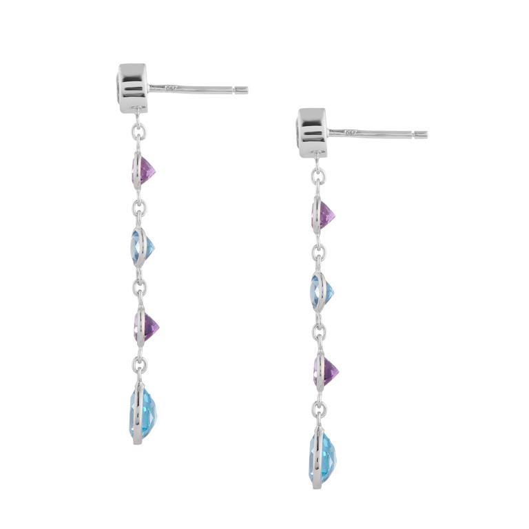 Contemporary Deakin & Francis 18 Karat White Gold Blue Topaz And Amethyst Drop Earrings For Sale
