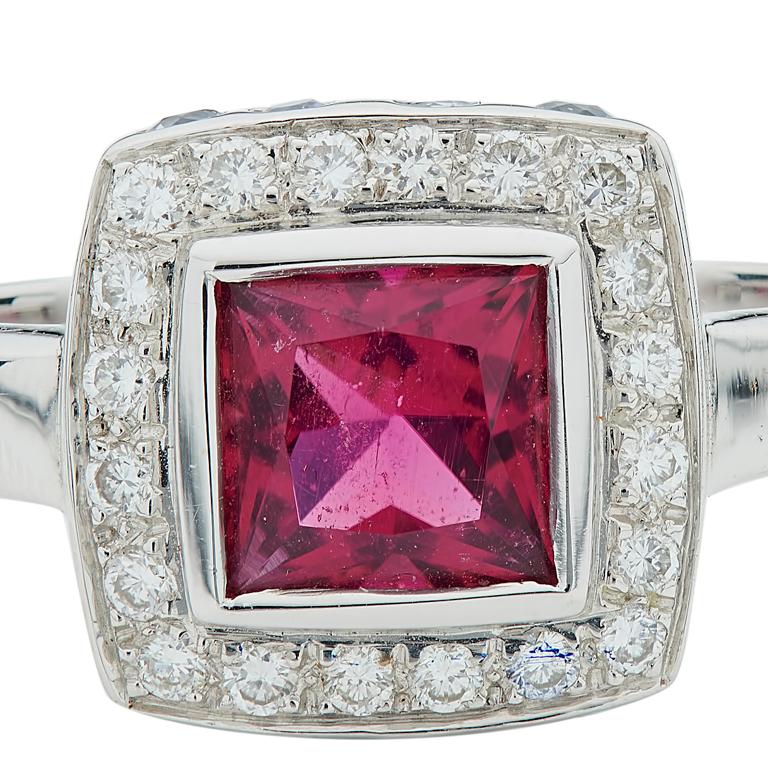 Square Cut Deakin & Francis 18 Karat White Gold Rubellite and Diamond Ring with Sapphires For Sale