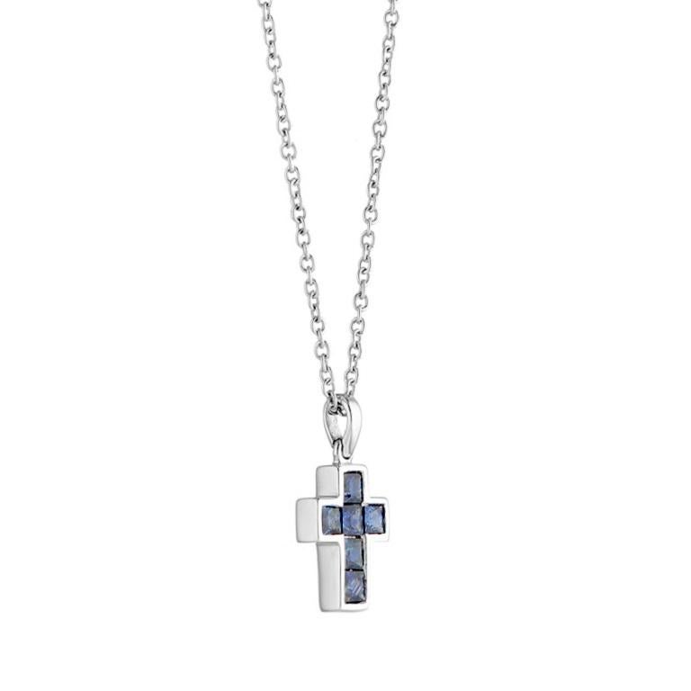 Contemporary Deakin & Francis 18 Karat White Gold Sapphire Cross Pendant and Chain For Sale