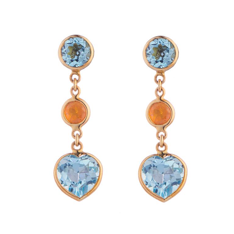 DEAKIN & FRANCIS, Piccadilly Arcade, London

These amazing pair of 18ct yellow gold blue topaz and amethyst drop earrings are one of a kind. The contrasting colours of blue topaz and fire opal create a wonderful combination that allows these