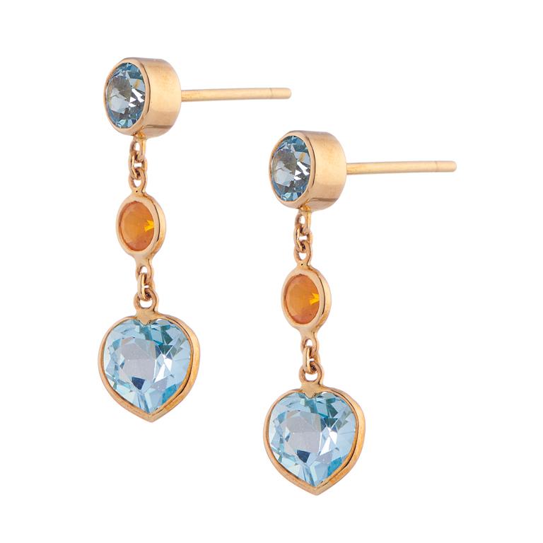 Heart Cut Deakin & Francis 18 Karat Yellow Gold Blue Topaz and Fire Opal Drop Earrings For Sale