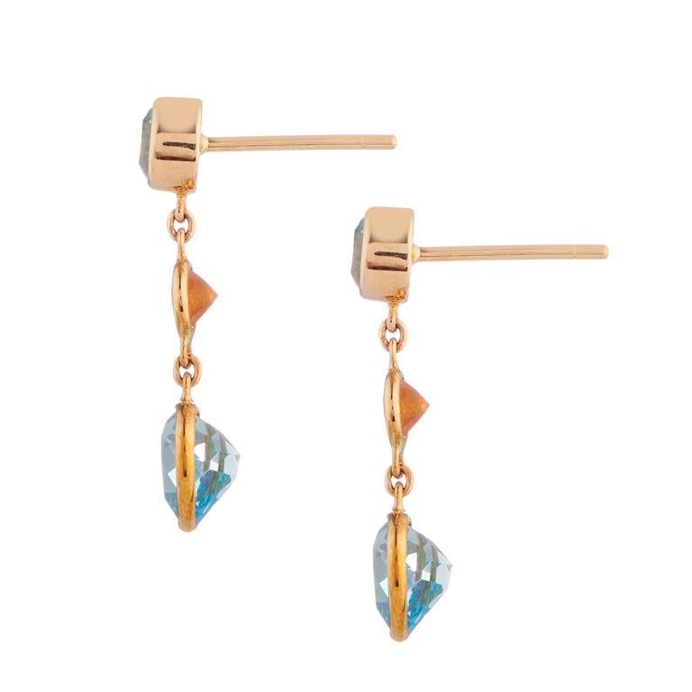 Heart Cut Deakin & Francis 18 Karat Yellow Gold Blue Topaz and Fire Opal Drop Earrings For Sale