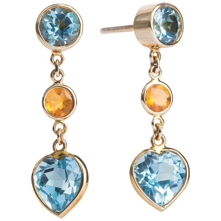 Deakin & Francis 18 Karat Yellow Gold Blue Topaz and Fire Opal Drop Earrings For Sale