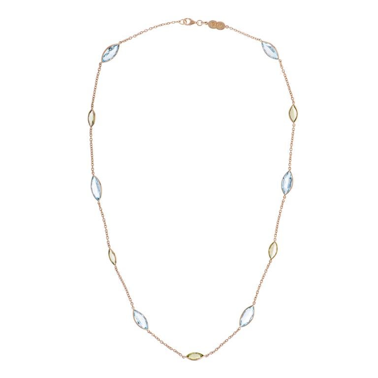 DEAKIN & FRANCIS, Piccadilly Arcade, London

This stunning 18ct yellow gold necklace comprises of 11 alternating marquise shaped blue topaz and peridots. A must have addition to any jewellery box. This necklace would make the perfect gift to