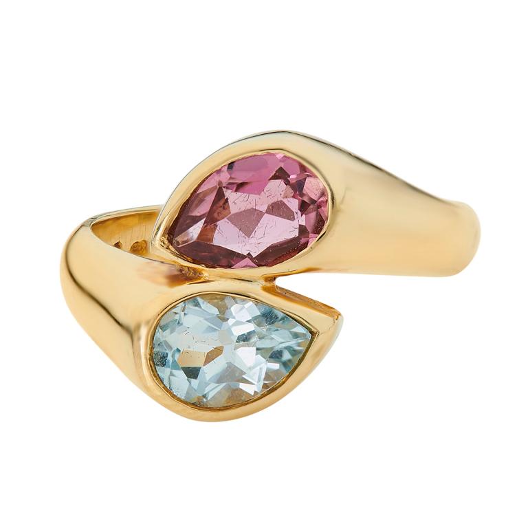 pink tourmaline and blue topaz ring