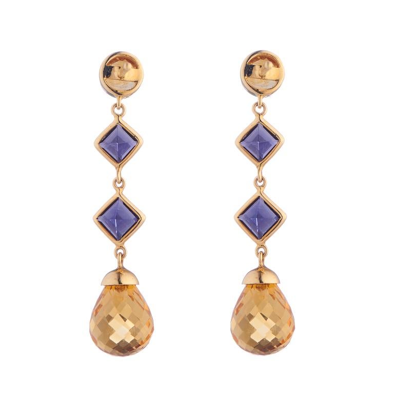 Contemporary Deakin & Francis 18 Karat Yellow Gold Citrine and Iolite Drop Earrings For Sale